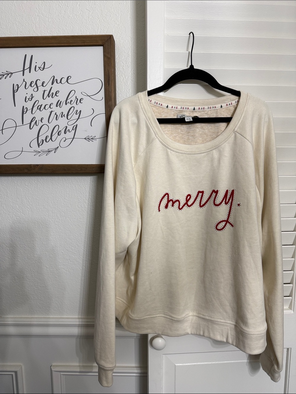 Rae Dunn Cream Sweatshirt with Red "merry" Embroidery